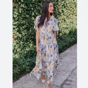 Gal Meets Glam Kiki Leaf Print Chiffon Flutter Sleeve Maxi Dress